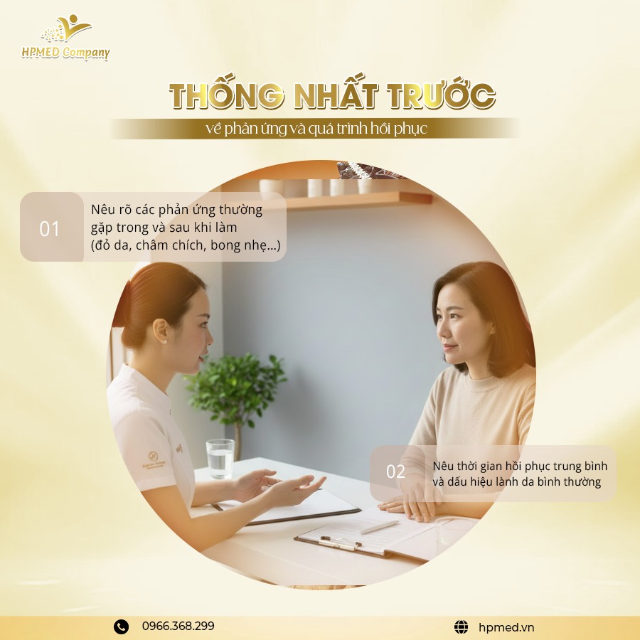 Tư vấn chăm sóc da tại HPMED Company với chuyên viên giải thích phản ứng và quá trình hồi phục cho khách hàng