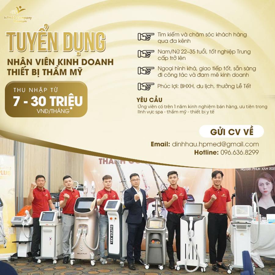 Tuyển dụng nhân viên kinh doanh thiết bị thẩm mỹ ✅ Thu nhập 7–30 triệu/tháng