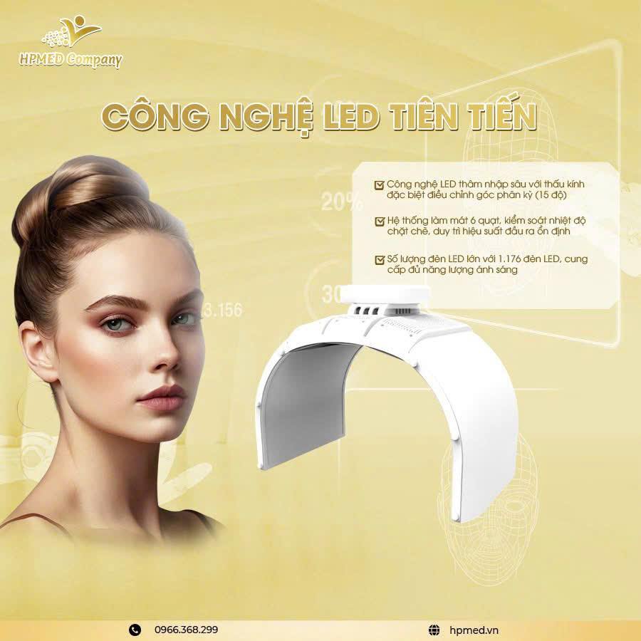 Vòm ánh sáng sinh học Thiết bị trị liệu da công nghệ LED HPMED Company đặt cạnh gương mặt người mẫu nữ trẻ đẹp