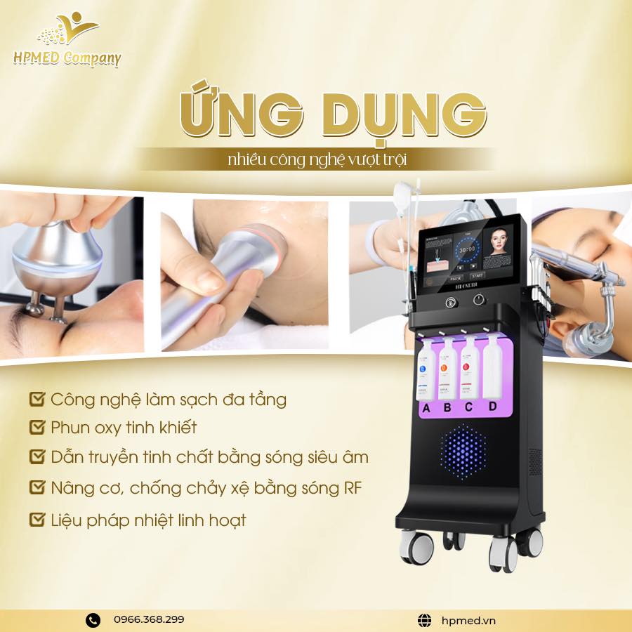 Máy chăm sóc da đa chức năng HPMED với các đầu điều trị làm sạch, nâng cơ và phun oxy cho spa
