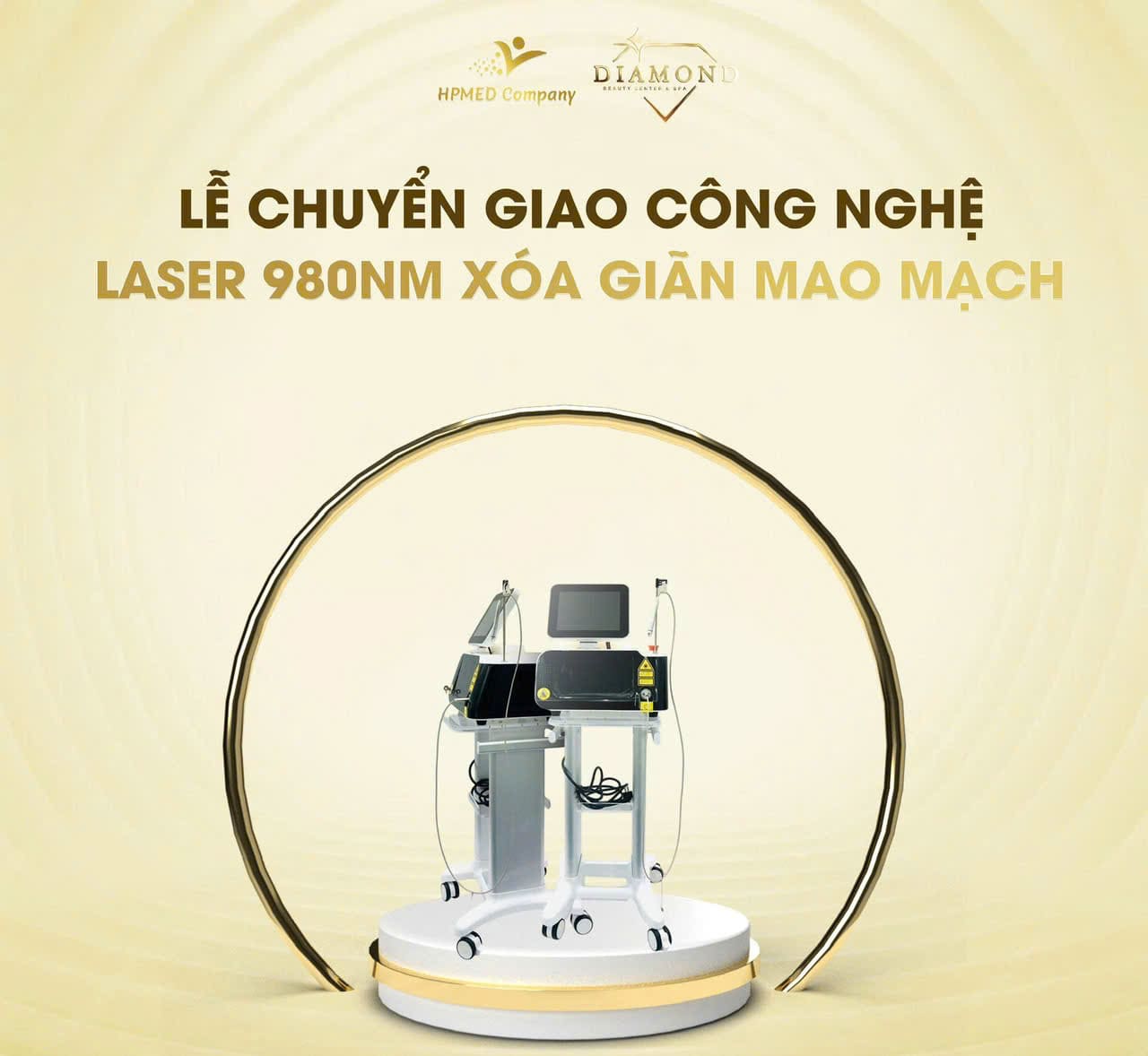 Máy laser 980nm xóa giãn mao mạch công nghệ cao trưng bày trên bục tròn trong không gian sang trọng