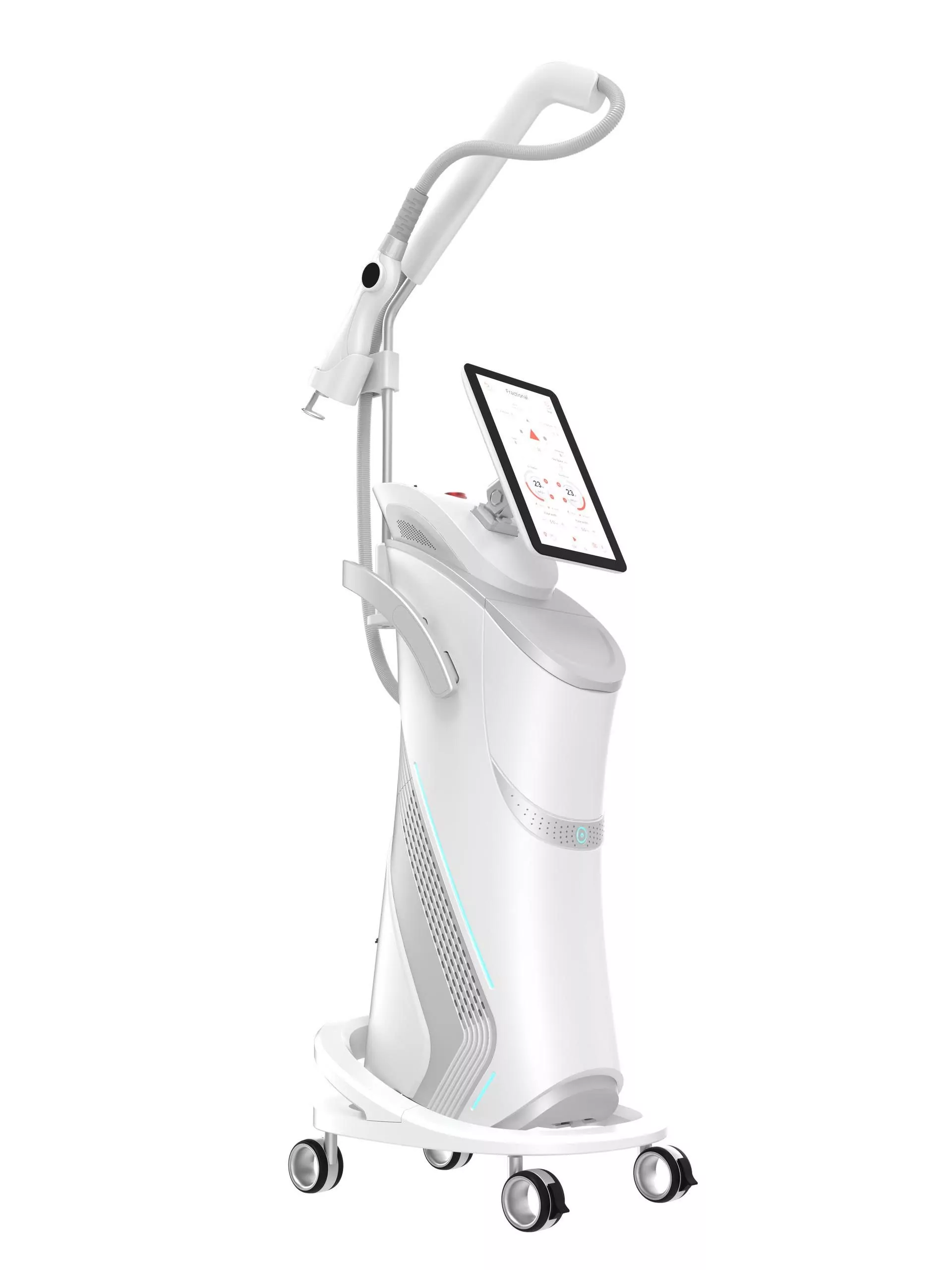 Máy Laser Thulium 1927nm màu trắng có tay cầm điều trị và màn hình cảm ứng trên thân máy có bánh xe