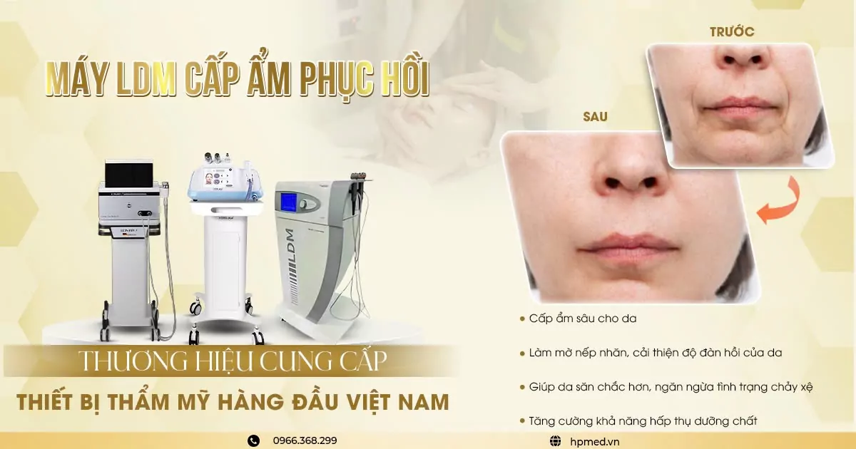 Máy LDM cấp ẩm phục hồi da chuyên sâu kèm hình ảnh so sánh da mặt trước và sau điều trị