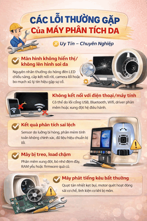 Các lỗi thường gặp của máy phân tích da như không hiển thị, không kết nối, treo máy và phát tiếng kêu bất thường