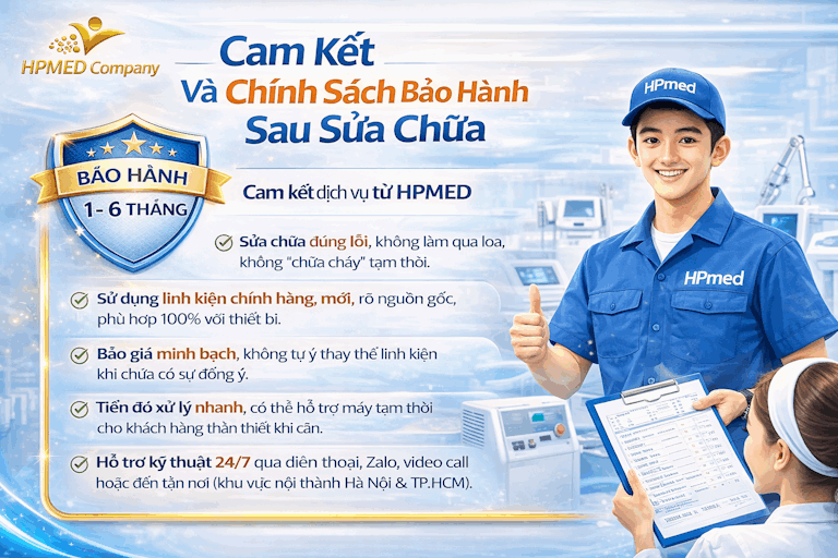 Nhân viên kỹ thuật HPMED tư vấn chính sách bảo hành sau sửa chữa thiết bị y tế cho khách hàng