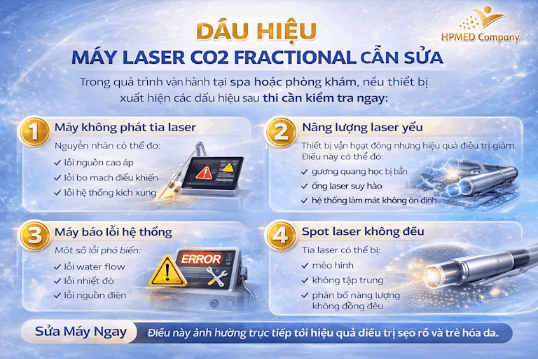 Infographic dấu hiệu máy laser CO2 fractional cần sửa của HPMED Company dùng trong spa và phòng khám