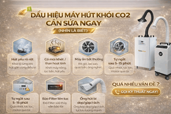 Máy hút khói CO2 phòng khám với ống hút linh hoạt và bảng hướng dẫn dấu hiệu cần sửa chữa