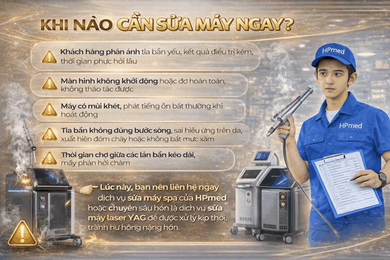 Kỹ thuật viên HPmed sửa chữa máy laser spa YAG, tư vấn các dấu hiệu cần bảo dưỡng máy spa