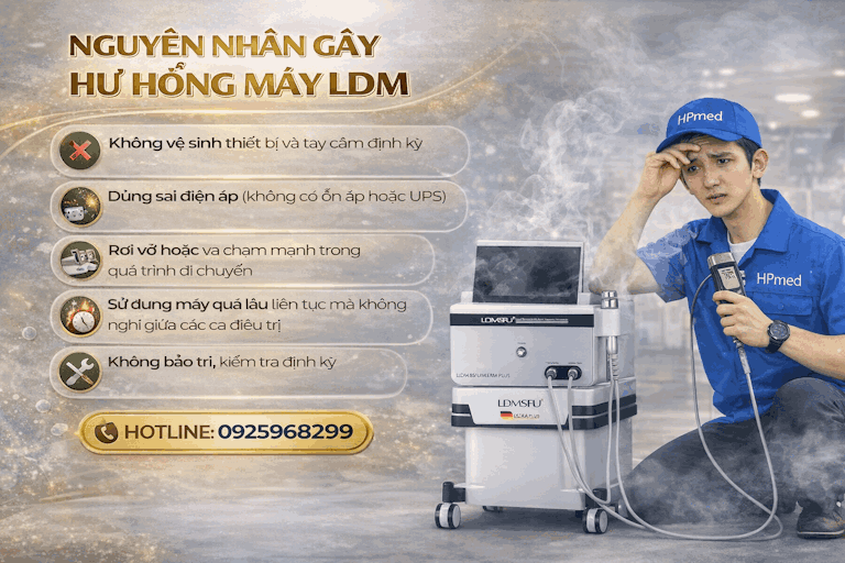 Kỹ thuật viên HPmed bên cạnh máy điều trị da LDM bị hư hỏng và bảng liệt kê nguyên nhân gây lỗi