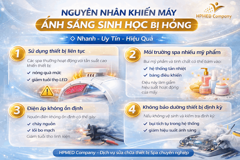 Infographic HPMED Company về nguyên nhân khiến máy ánh sáng sinh học spa bị hỏng và dịch vụ sửa chữa chuyên nghiệp