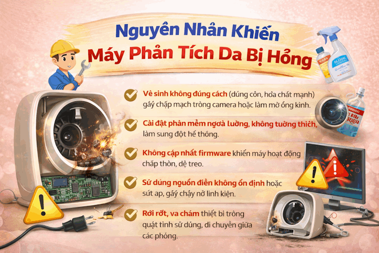 Nguyên nhân khiến máy phân tích da bị hỏng do vệ sinh sai cách, phần mềm ngoài luồng, nguồn điện và va đập
