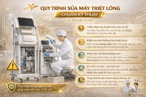Kỹ thuật viên đang kiểm tra và sửa chữa máy triệt lông công nghệ cao trong phòng kỹ thuật