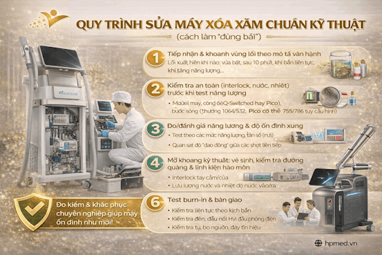 Quy trình sửa chữa máy xóa xăm laser chuyên nghiệp với kỹ thuật viên kiểm tra và hiệu chỉnh thiết bị