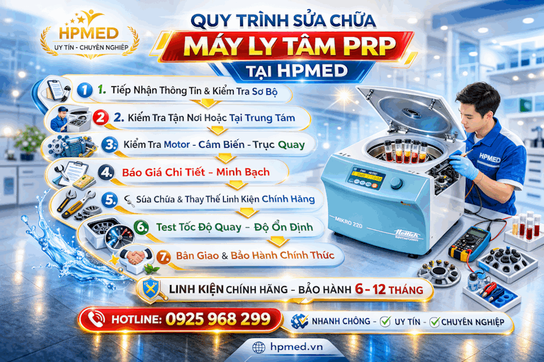Quy trình sửa chữa máy ly tâm PRP HPMED với kỹ thuật viên đang kiểm tra máy và ống nghiệm máu