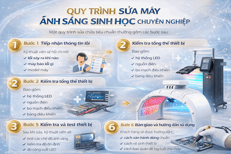Quy trình sửa máy ánh sáng sinh học chuyên nghiệp với các bước kiểm tra, test và bàn giao thiết bị y tế thẩm mỹ