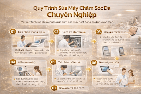 Quy trình sửa chữa máy chăm sóc da chuyên nghiệp với kỹ thuật viên kiểm tra, báo giá, sửa chữa và bàn giao bảo hành