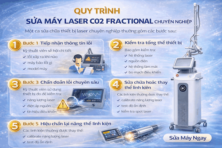 Quy trình sửa chữa máy laser CO2 Fractional chuyên nghiệp với hình ảnh máy và linh kiện laser