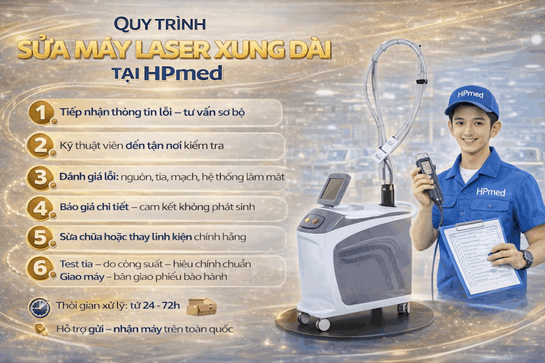 Quy trình sửa máy laser xung dài tại HPmed với kỹ thuật viên cầm thiết bị kiểm tra bên cạnh máy laser