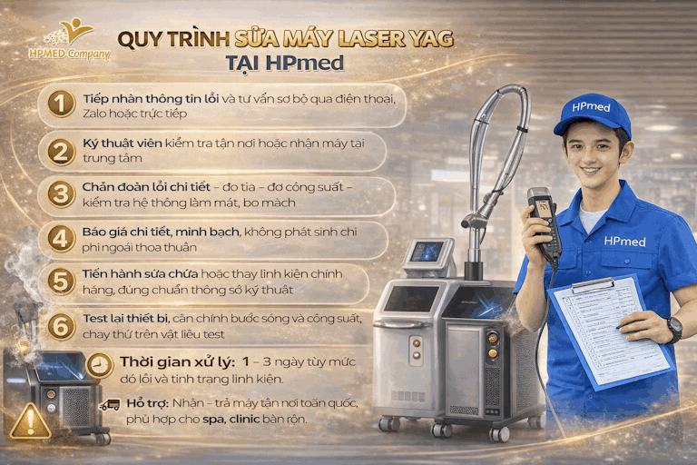 Quy trình sửa chữa máy laser YAG tại HPmed với kỹ thuật viên cầm thiết bị và máy laser thẩm mỹ hiện đại