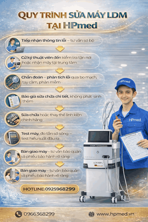 Quy trình sửa chữa máy LDM tại HPmed với kỹ thuật viên và thiết bị y tế chuyên dụng