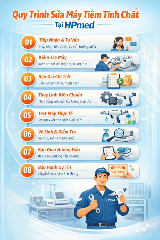 Quy trình sửa máy tiêm tinh chất chuyên nghiệp tại HPmed với kỹ thuật viên cầm máy trong phòng lab