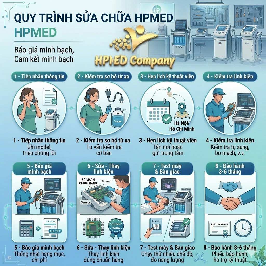 Quy trình sửa chữa thiết bị y tế HPMED với các bước kiểm tra, thay linh kiện, test máy và bảo hành 3 đến 6 tháng