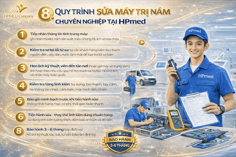 Kỹ thuật viên HPmed kiểm tra và sửa chữa máy trị nám chuyên dụng với quy trình bảo hành 3 đến 6 tháng