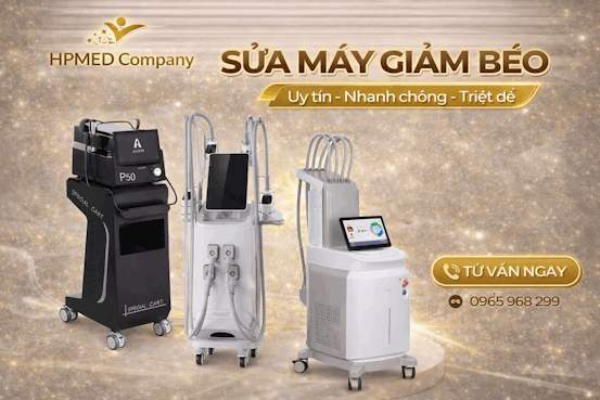 Máy giảm béo công nghệ cao HPMED Company với nhiều mẫu máy thẩm mỹ hiện đại trên nền vàng lấp lánh