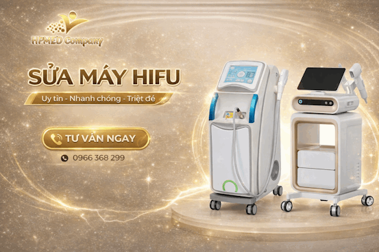 Dịch vụ sửa máy HIFU Himed Company với hai mẫu máy thẩm mỹ công nghệ cao trên nền vàng sang trọng