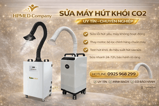Dịch vụ sửa máy hút khói CO2 HPMED Company với hai mẫu máy hút khói màu trắng và hotline hỗ trợ