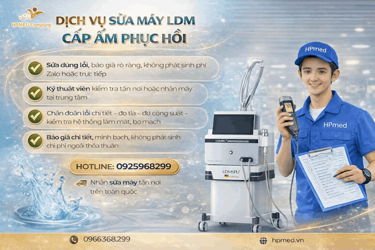 Kỹ thuật viên HPMed sửa chữa máy LDM cấp ẩm phục hồi tại spa, hỗ trợ bảo hành và chăm sóc khách hàng