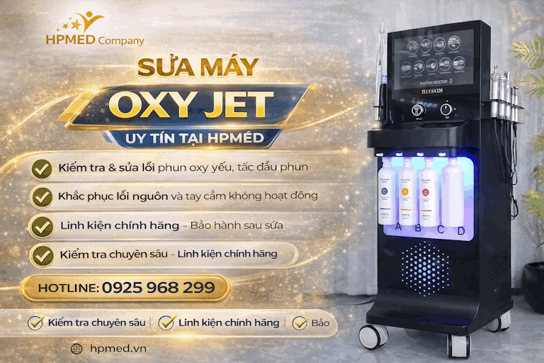 Máy oxy jet HPMED màu đen nhiều chức năng, bình dung dịch A B C D, dịch vụ sửa chữa bảo hành uy tín