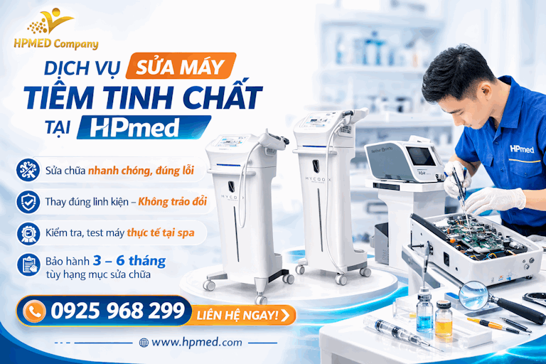 Dịch vụ sửa chữa máy tiêm tinh chất HYCOO tại HPmed với kỹ thuật viên đang bảo trì thiết bị spa