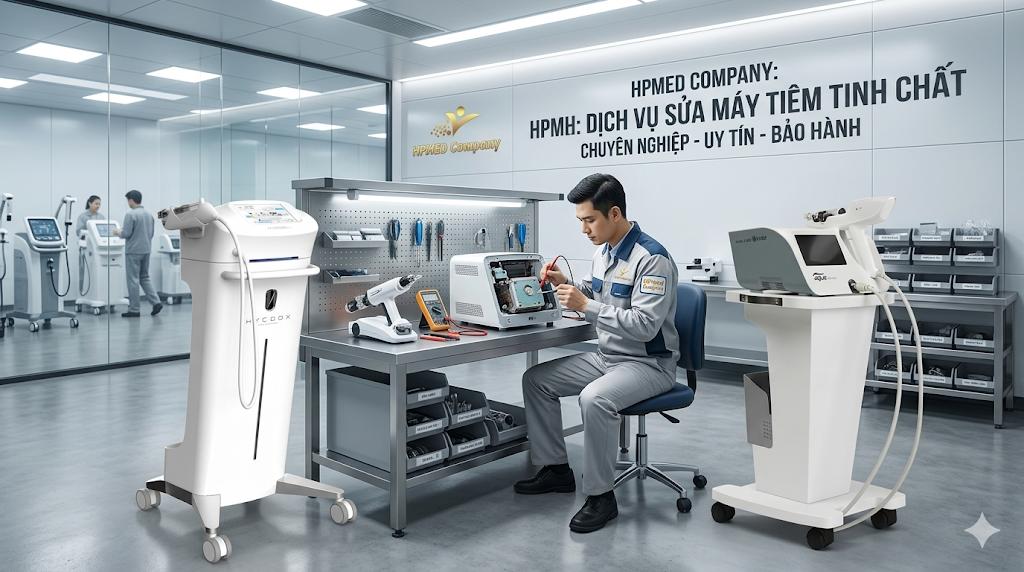 Kỹ thuật viên HPMED sửa chữa máy tiêm tinh chất và thiết bị spa chuyên dụng trong phòng bảo hành hiện đại
