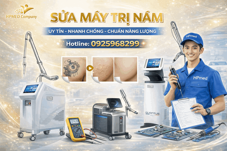 Máy laser trị nám HPmed cùng kỹ thuật viên cầm tay cầm điều trị và các thiết bị sửa chữa đi kèm