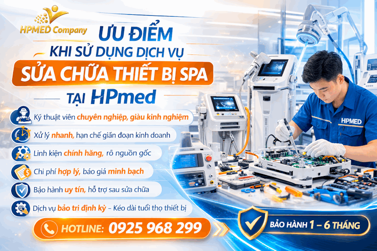 Kỹ thuật viên HPMED sửa chữa thiết bị spa chuyên dụng trong phòng lab hiện đại, dịch vụ bảo hành 1 đến 6 tháng