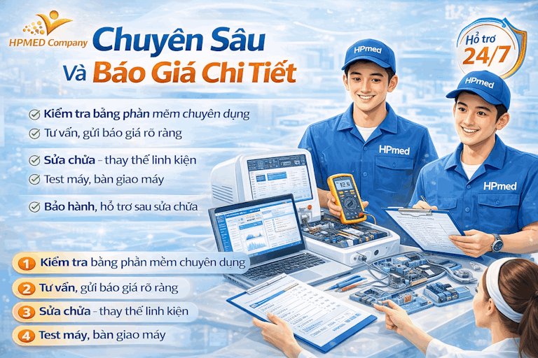 Dịch vụ sửa máy spa thiết bị thẩm mỹ HPmed với kỹ thuật viên cầm cờ lê và cam kết bảo hành 3 đến 6 tháng