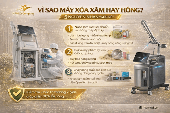 Banner HPMED giới thiệu nguyên nhân máy xóa xăm hay hỏng và khuyến nghị kiểm tra bảo trì định kỳ